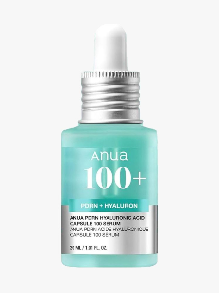 Anua PDRN Hyaluronic Acid Capsule 100 Serum turquoise and silver derum dropper bottle on light gray background