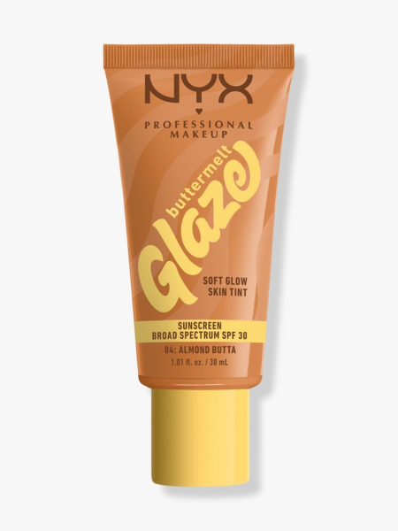 Nyx Professional Makeup Buttermelt Glaze Soft Glow Skin Tint SPF 30 tube of foundation with yellow cap on light gray background