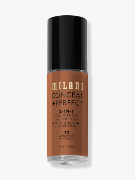 Milani Conceal + Perfect 2-in-1 Foundation + Concealer bottle of foundation on light gray background