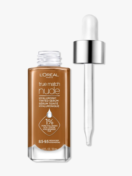 L’Oréal Paris True Match Nude Hyaluronic Tinted Serum serum bottle of foundation on light gray background